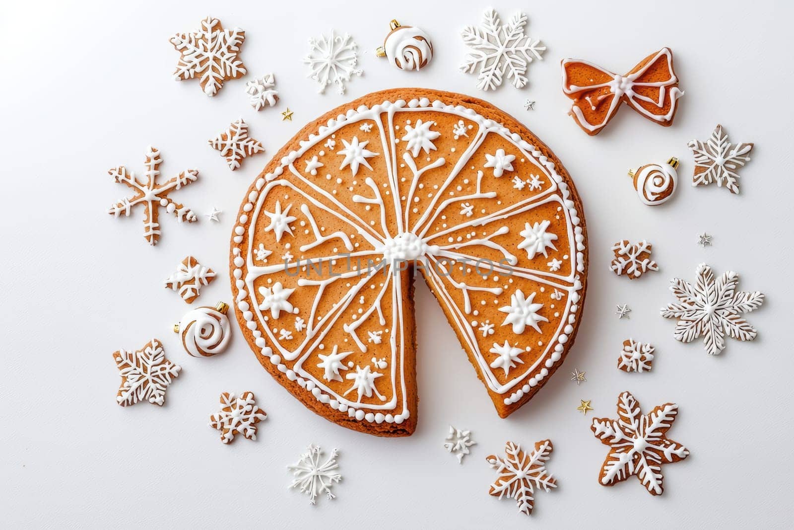 A festively decorated gingerbread cake with intricate snowflake designs and a cheerful holiday theme