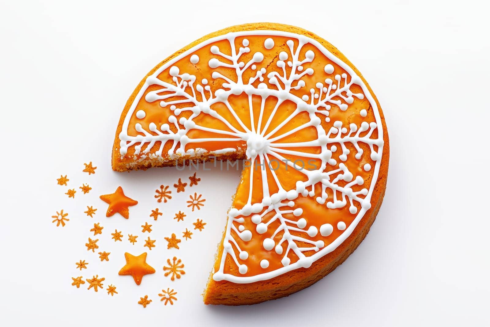 A stunning slice of gingerbread that is beautifully adorned with intricate designs and delightful festive stars