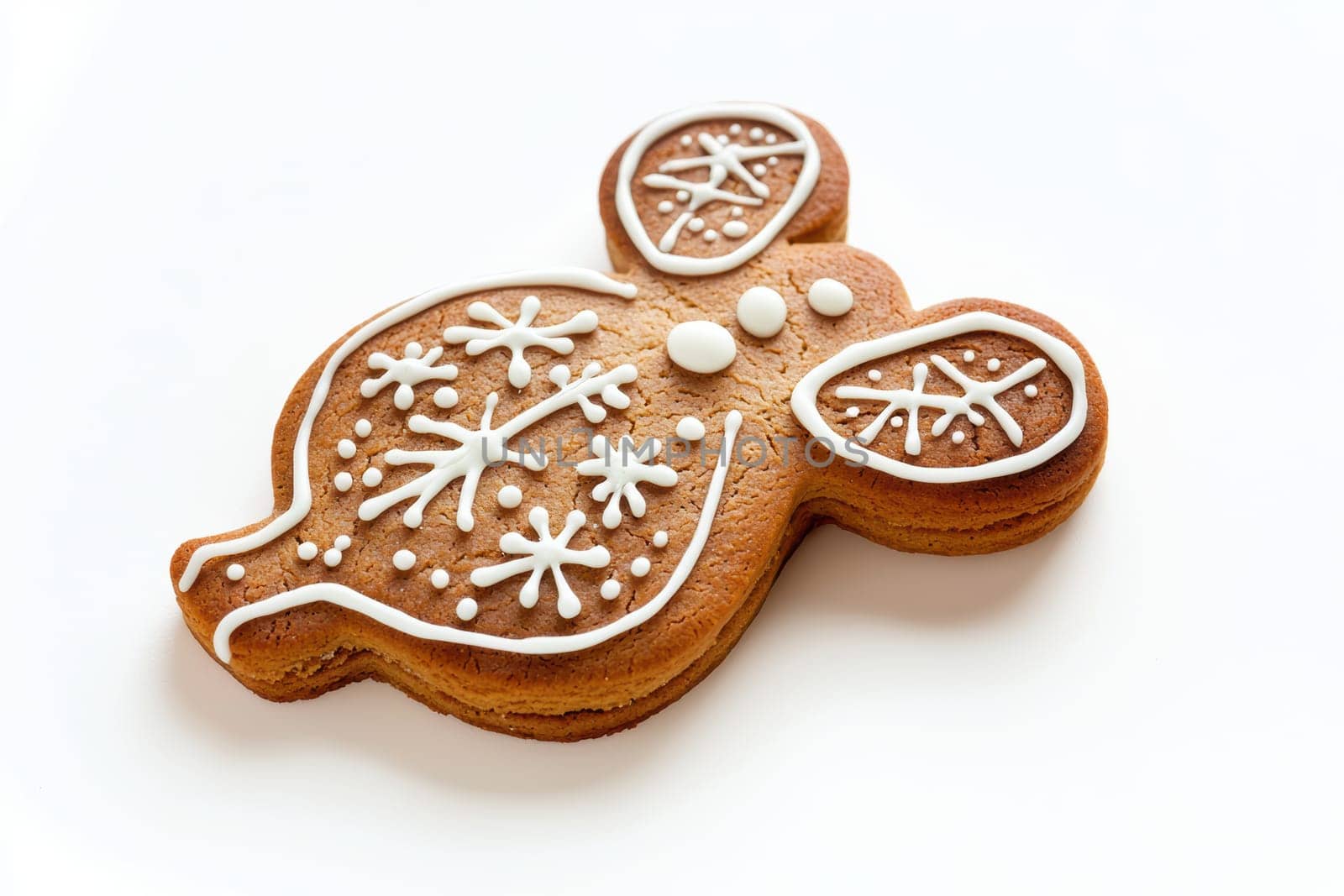 A beautifully decorated gingerbread cookie shaped like a bunny, featuring intricate and colorful icing designs