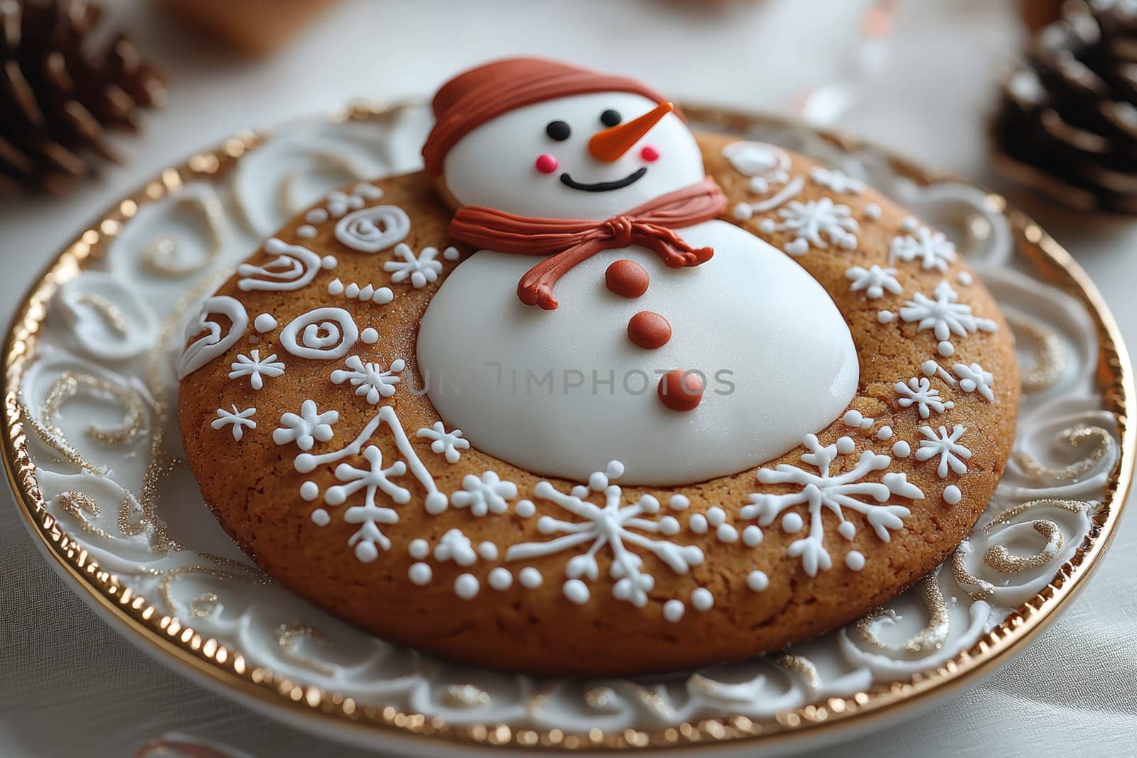 A beautifully decorated snowman gingerbread cookie, perfect for winter celebrations and festivities