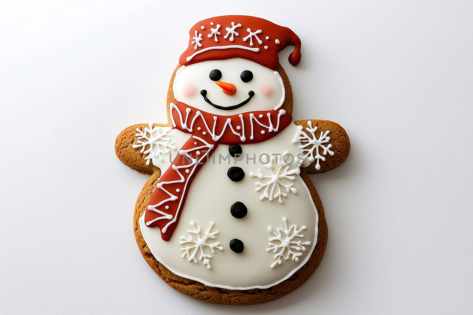 A cheerful, festive snowmanshaped gingerbread cookie, beautifully decorated for the magical winter season