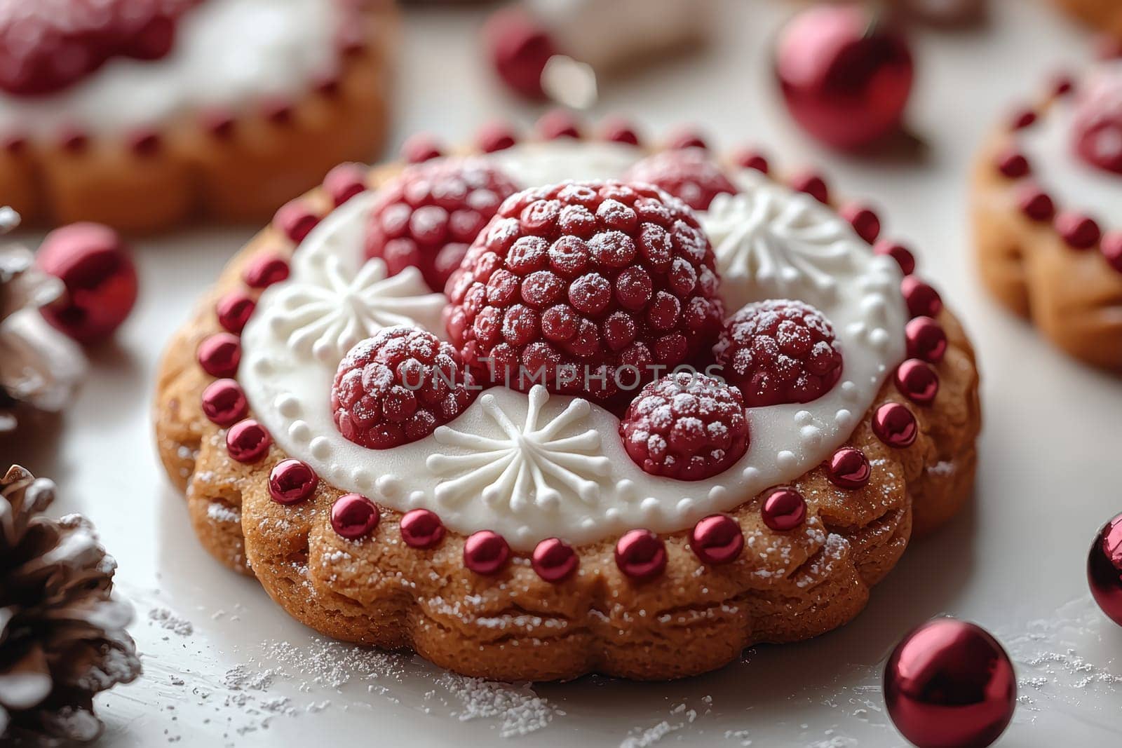 These festive cookies, topped with raspberry and icing, are perfect for joyful celebrations with holiday decor
