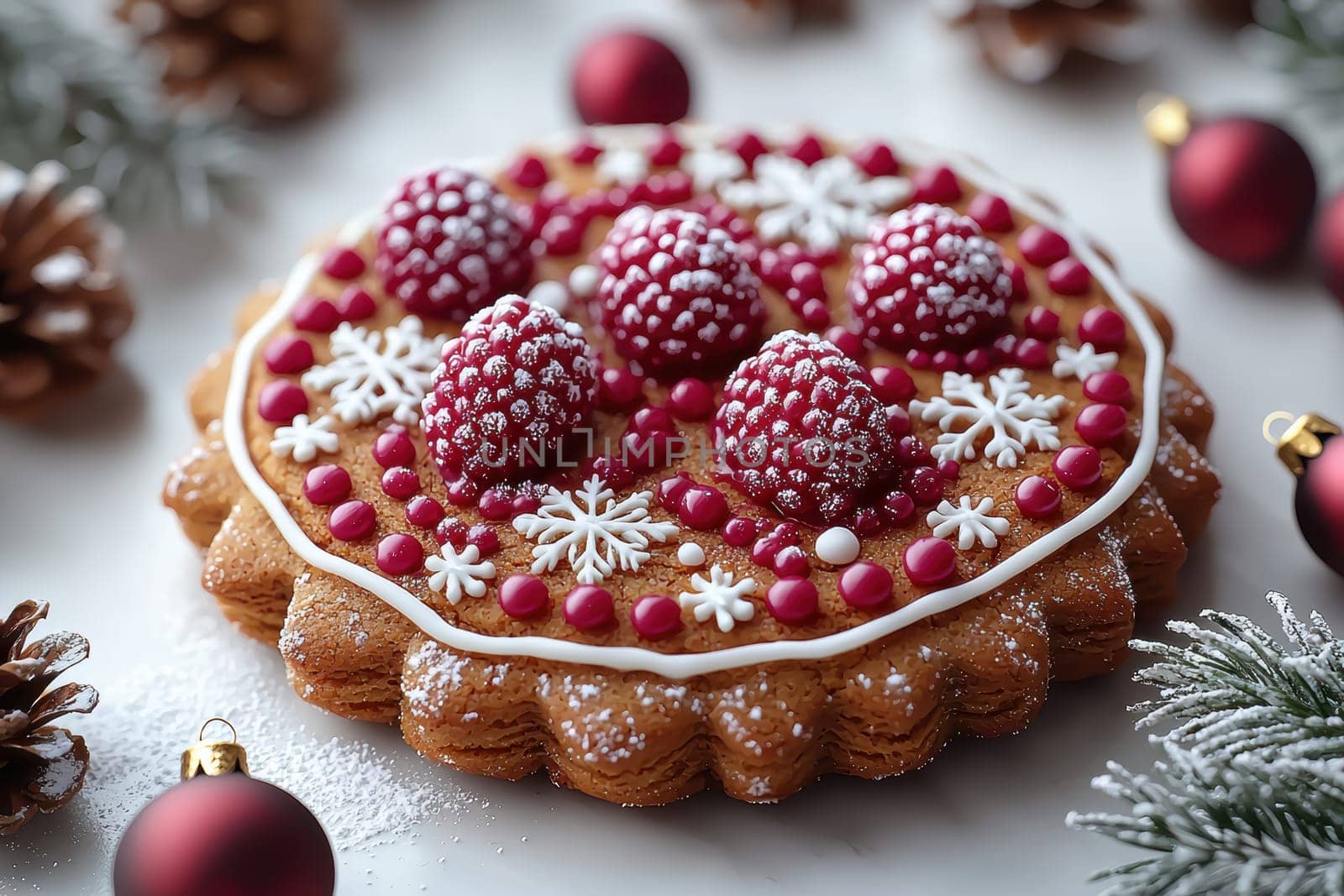 A beautifully decorated holiday dessert that features vibrant berries, intricate snowflakes, and festive colors