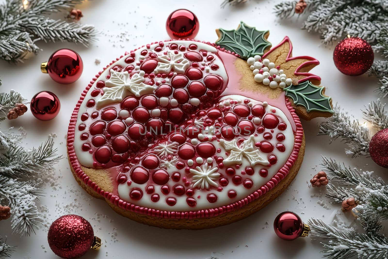 A beautifully decorated Christmas cookie that features vibrant red and white icing, surrounded by lovely ornaments