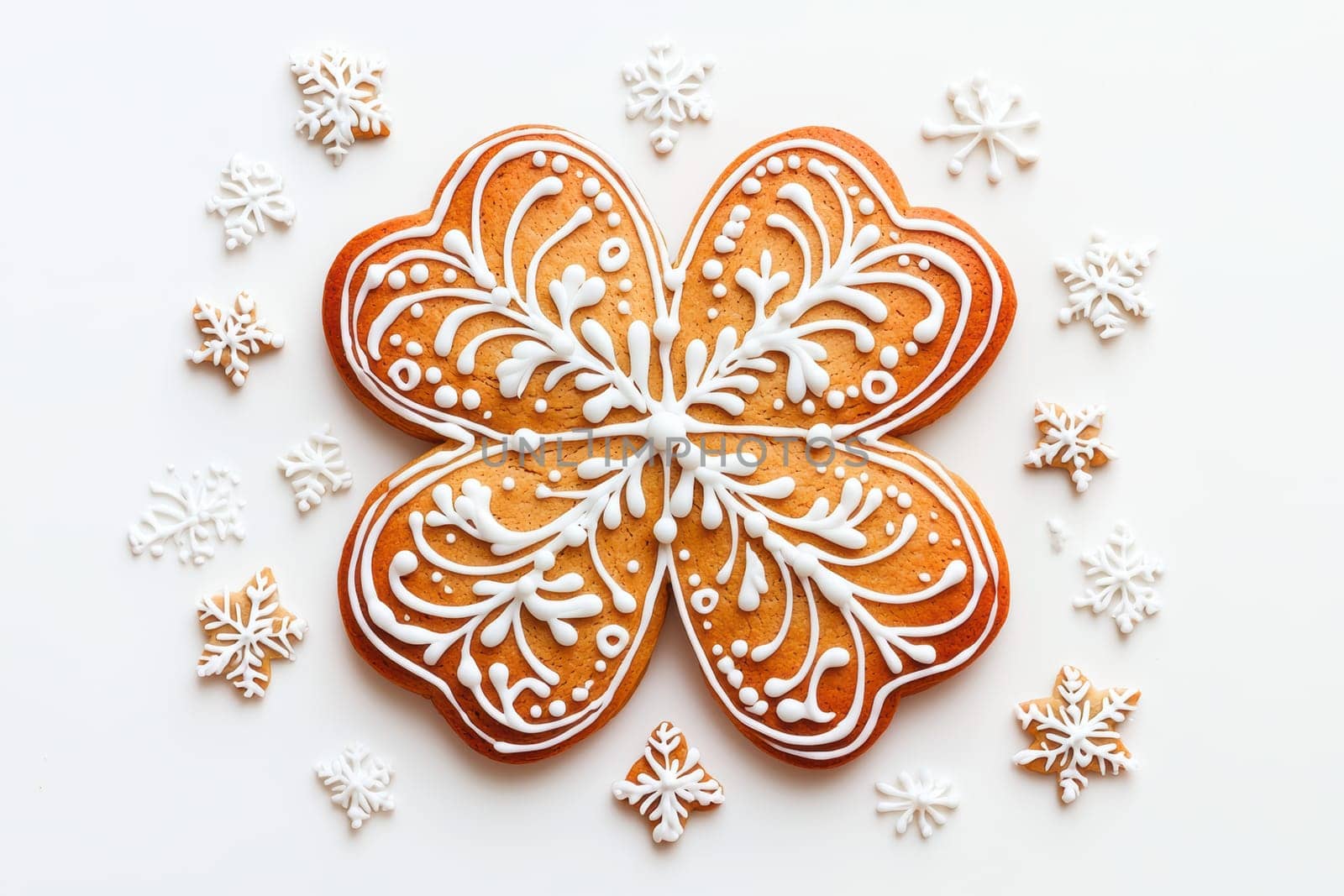 A beautifully decorated snowflake gingerbread cookie is surrounded by an array of smaller snowflakes