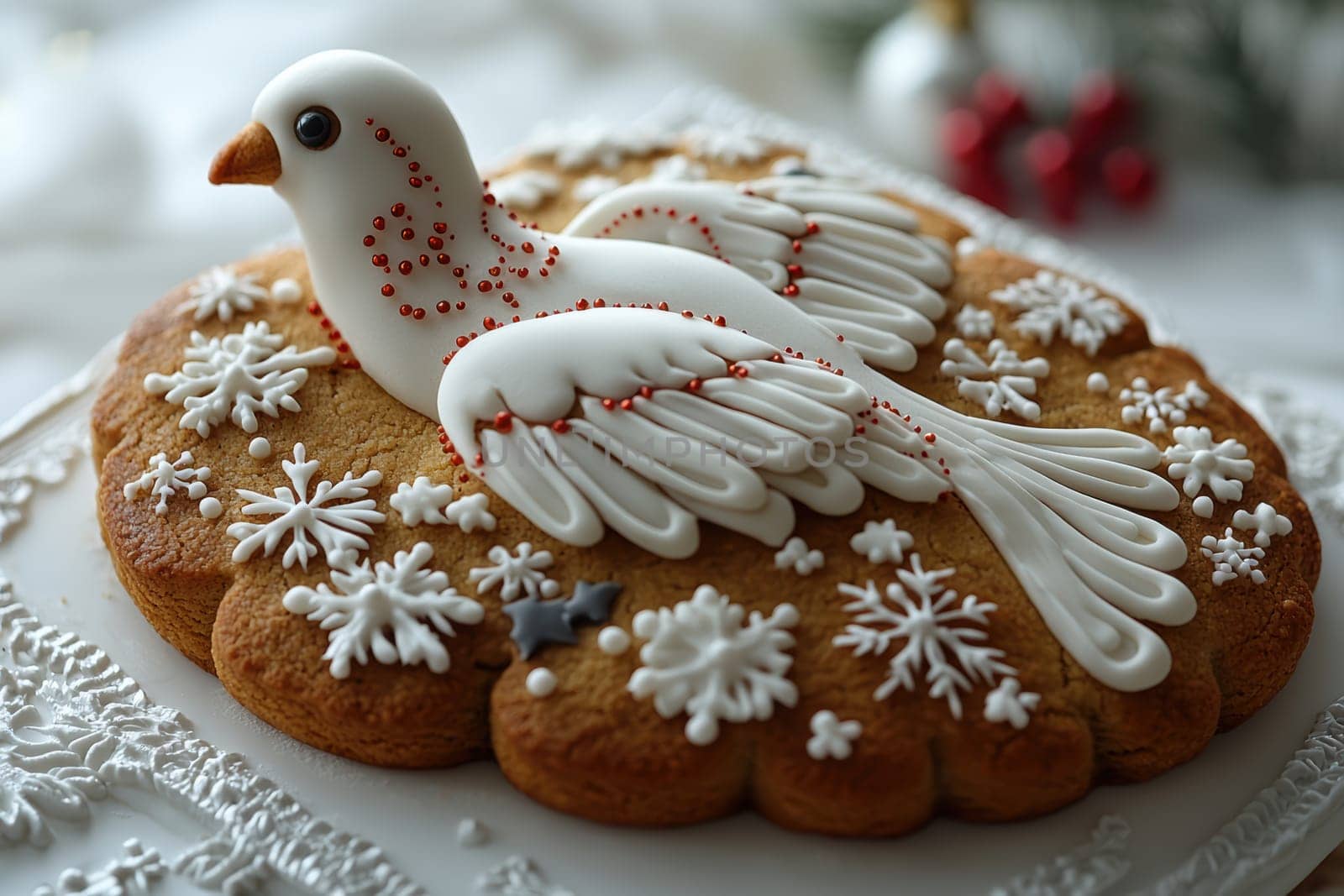 A beautifully designed gingerbread cookie with a delightful bird and charming snowflakes in a festive arrangement
