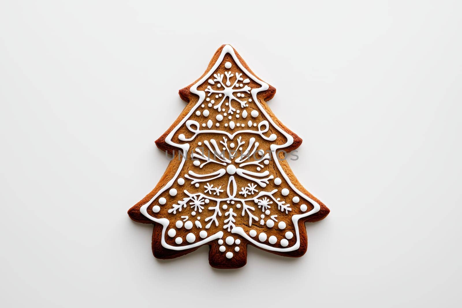 A beautifully decorated gingerbread Christmas tree cookie, adorned with vibrant icing, perfect for the holiday season