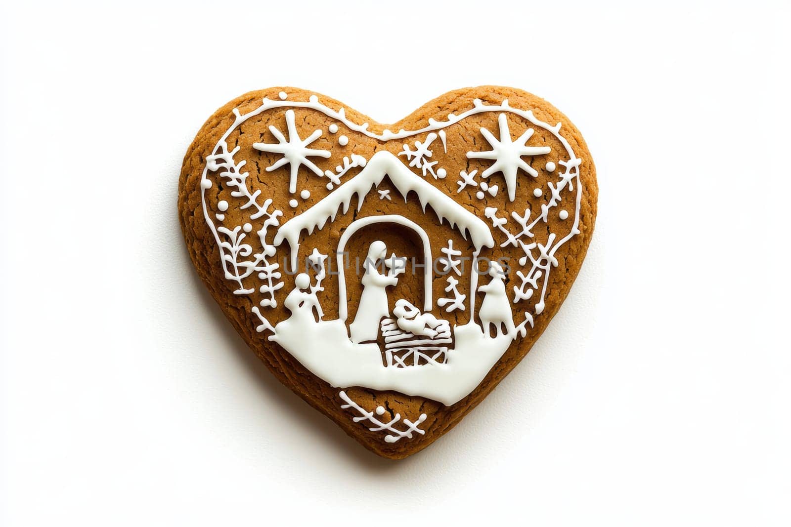 A beautifully iced heartshaped gingerbread cookie that showcases an intricately detailed lovey nativity scene