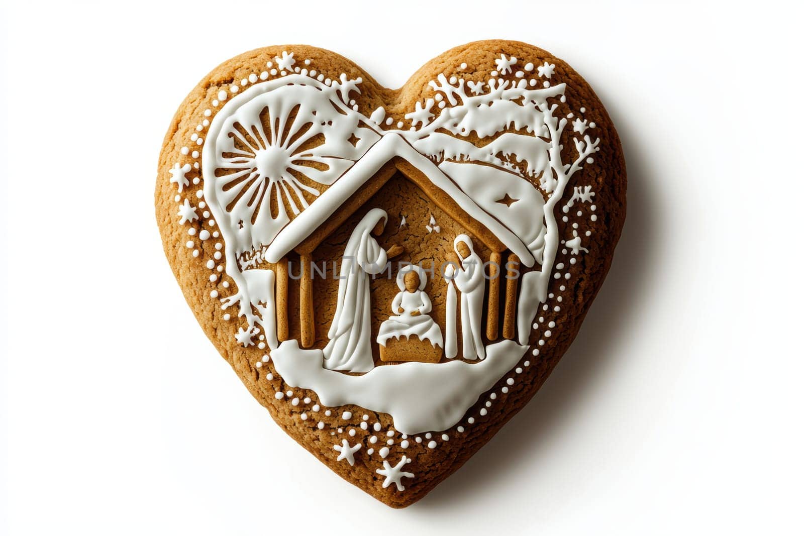 A beautifully iced heart-shaped gingerbread cookie featuring a nativity scene for festive occasions.