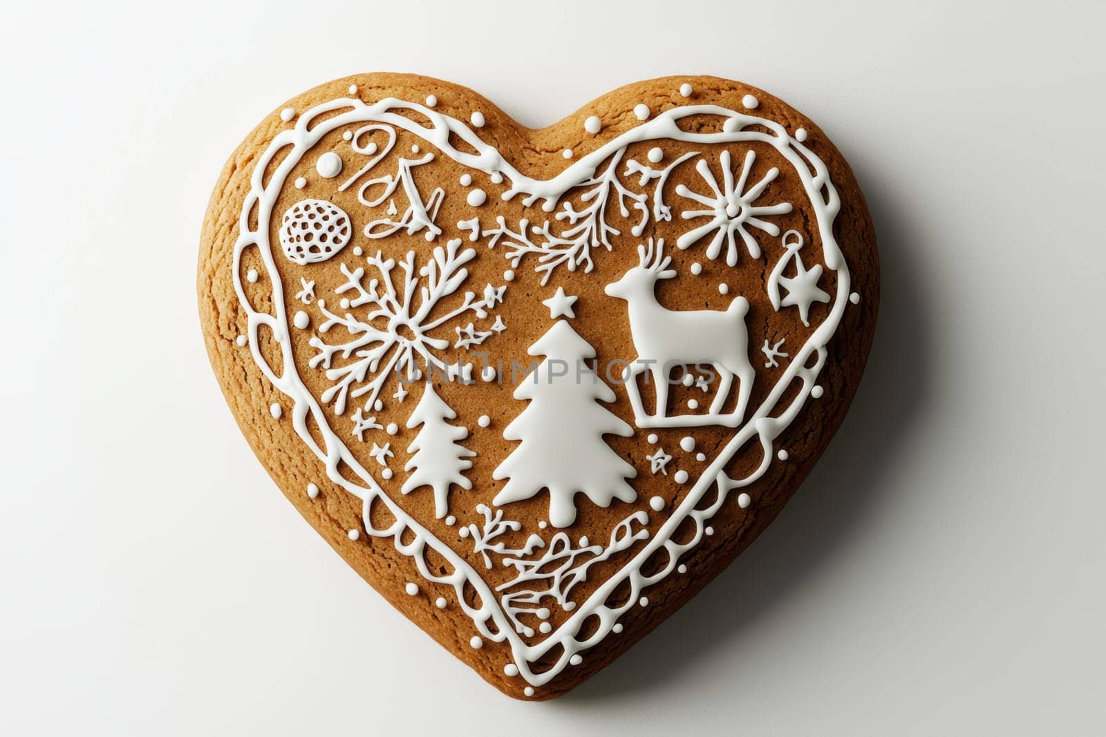 A heartshaped gingerbread cookie is decorated festively, evoking a cozy holiday vibe that brings joy to the season