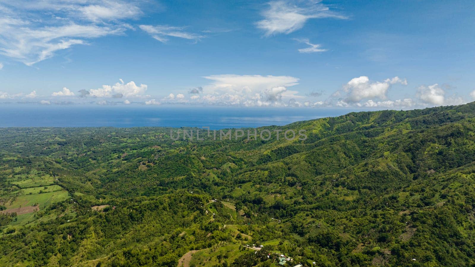 Aerial view of rural area with agricultural land and rice fields in the tropics. Negros, Philippines