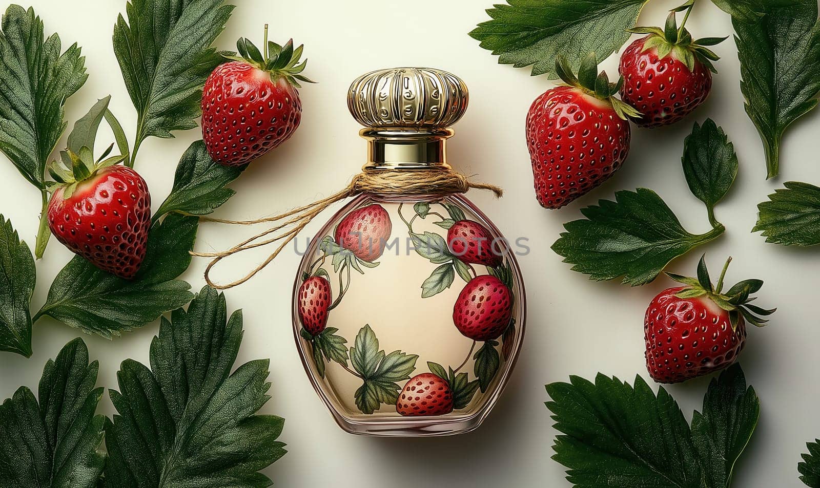 A bottle of perfume surrounded by strawberry leaves. Selective focus.