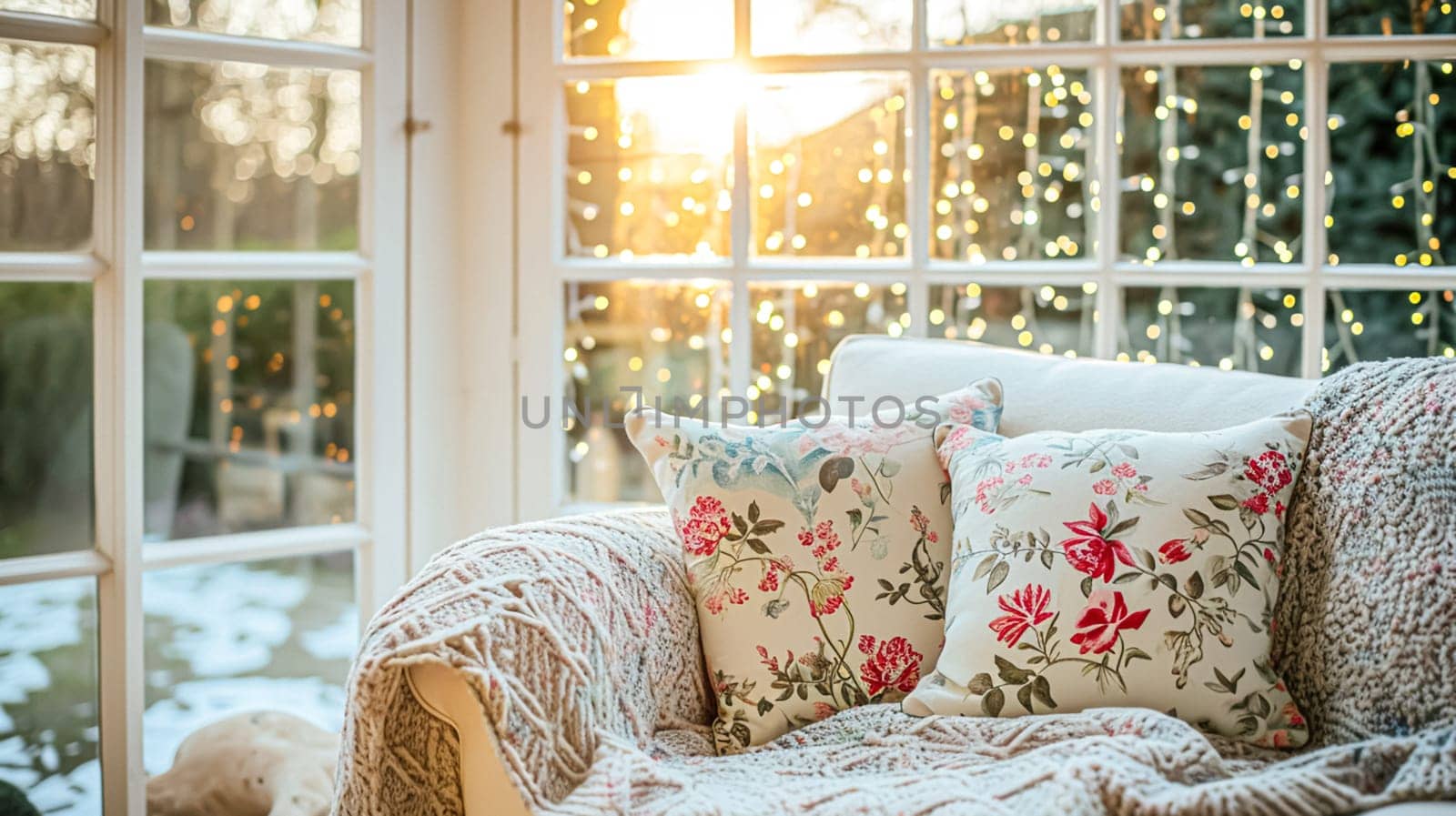Colorful pillows on sofa against glass wall of window in a winter garden or conservatory. Interior textile concept. High quality photo