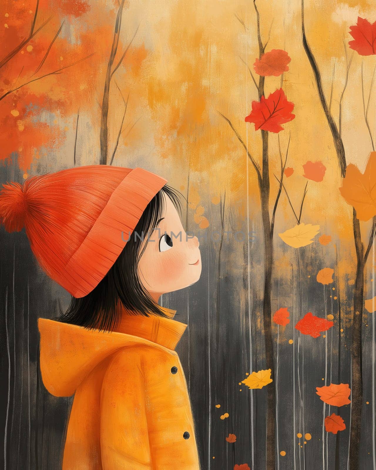 Illustration of child watching leaves fall in park. Selective focus.