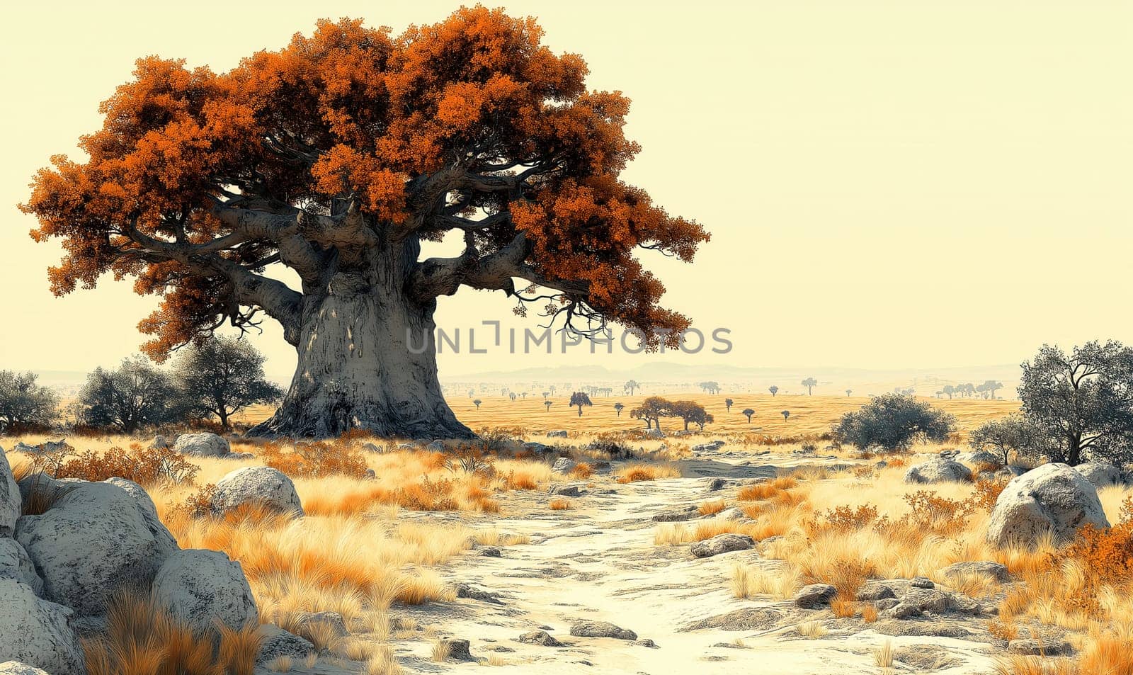 Illustration baobabs in an arid landscape. Selective focus.