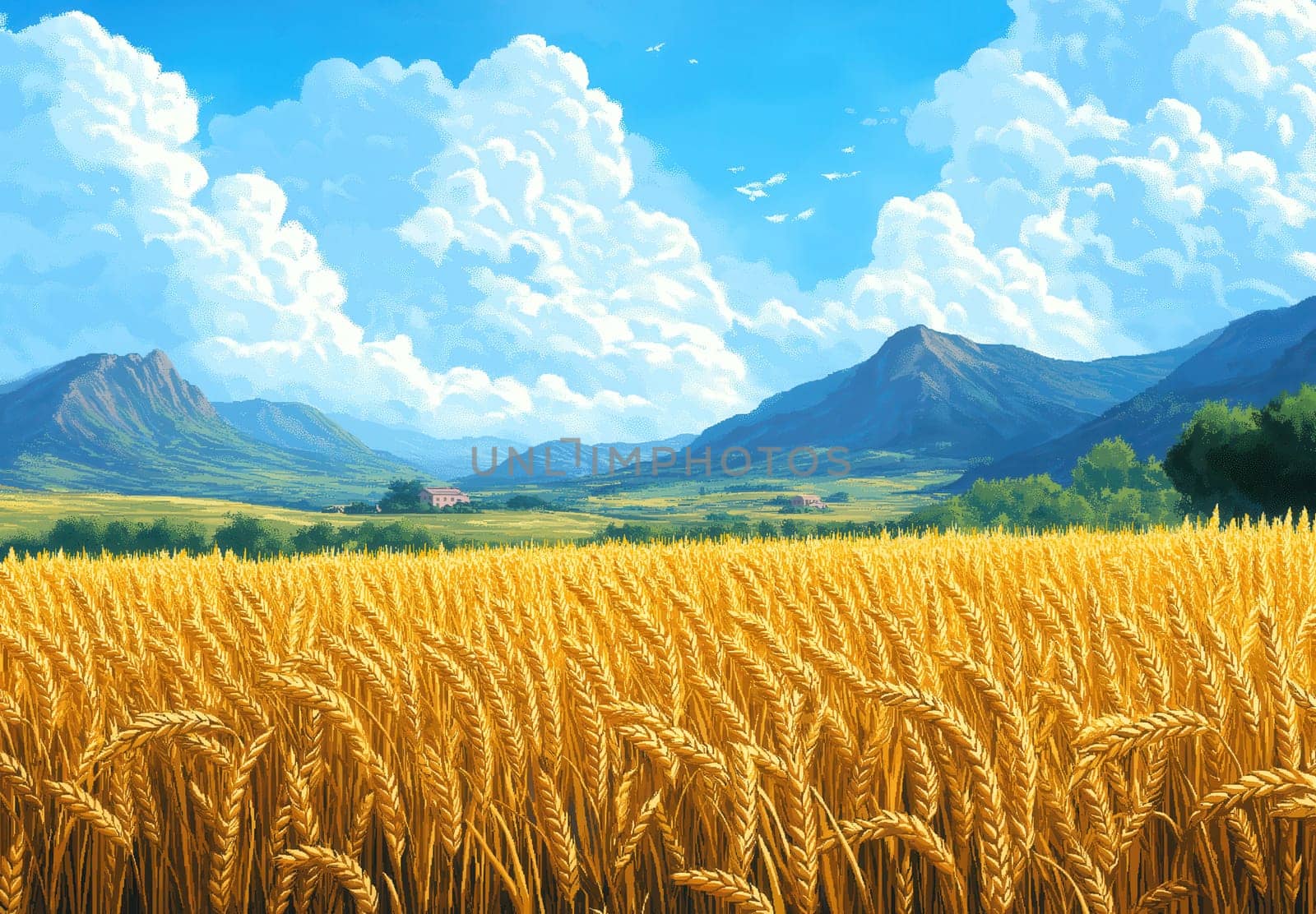 Illustration of a ripe wheat harvest in summer. Selective focus.