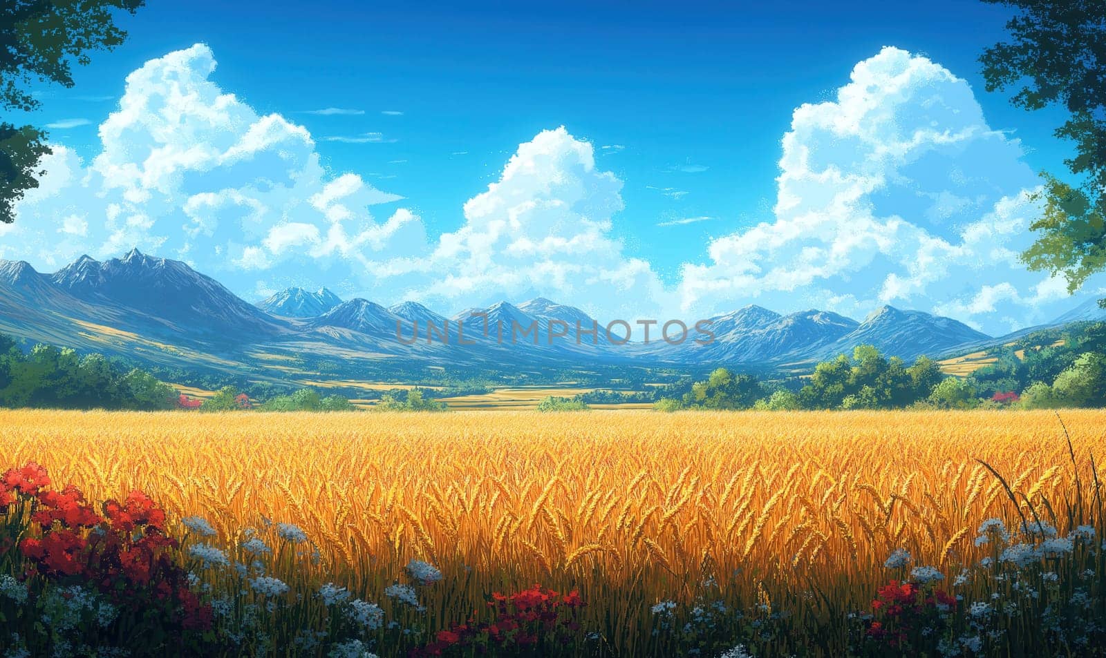 Illustration of a ripe wheat harvest in summer. Selective focus.
