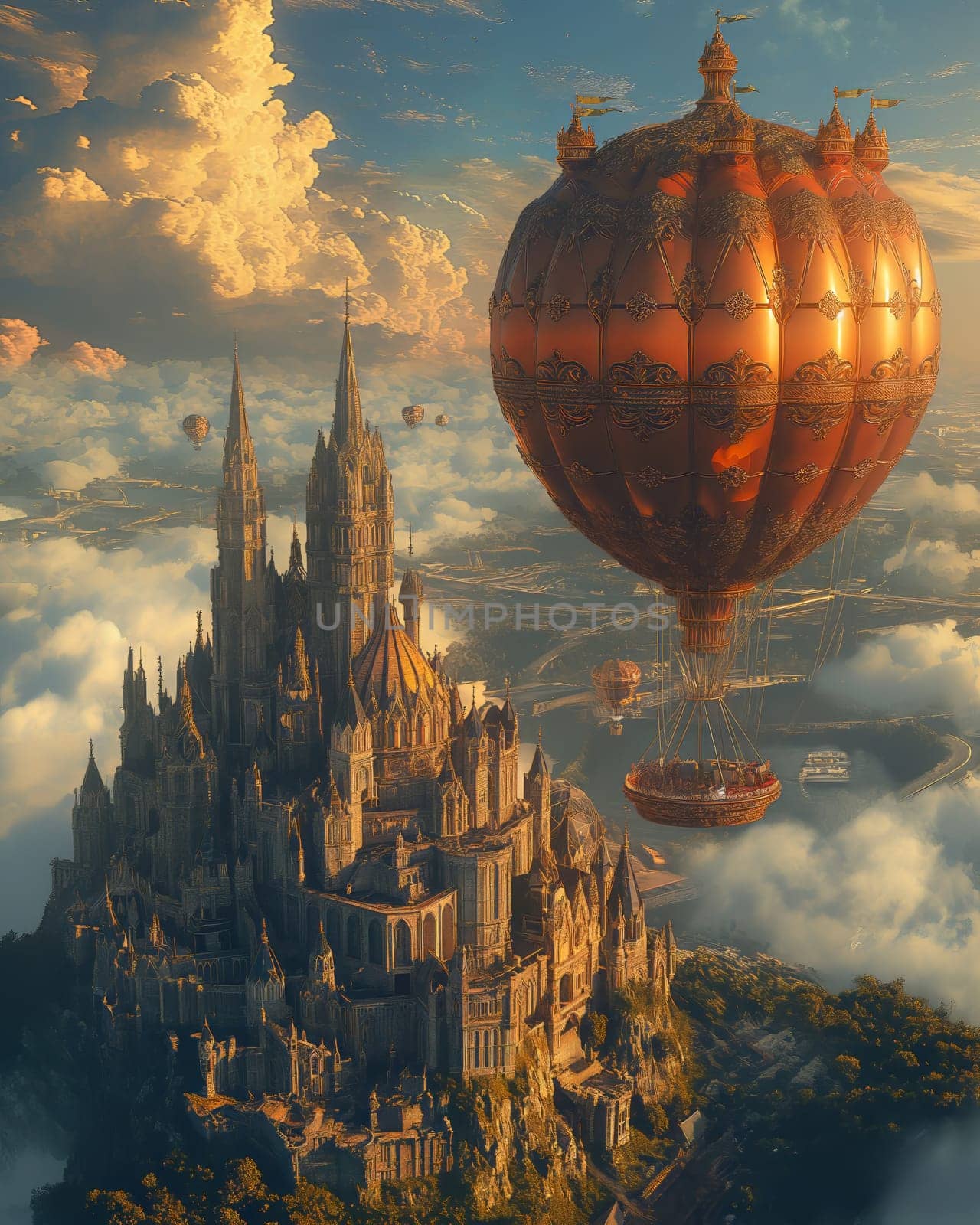 A hot air balloon flies over a majestic castle. Selective focus.