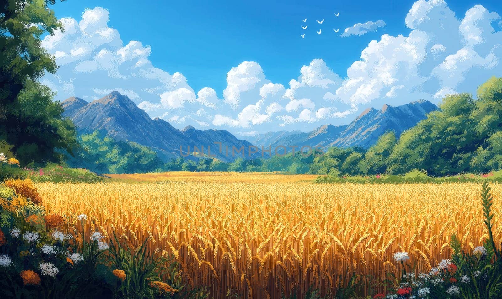 Illustration of a ripe wheat harvest in summer. Selective focus.