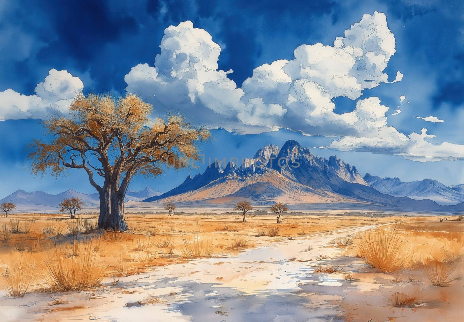 Watercolor baobabs in an arid landscape. Selective focus.