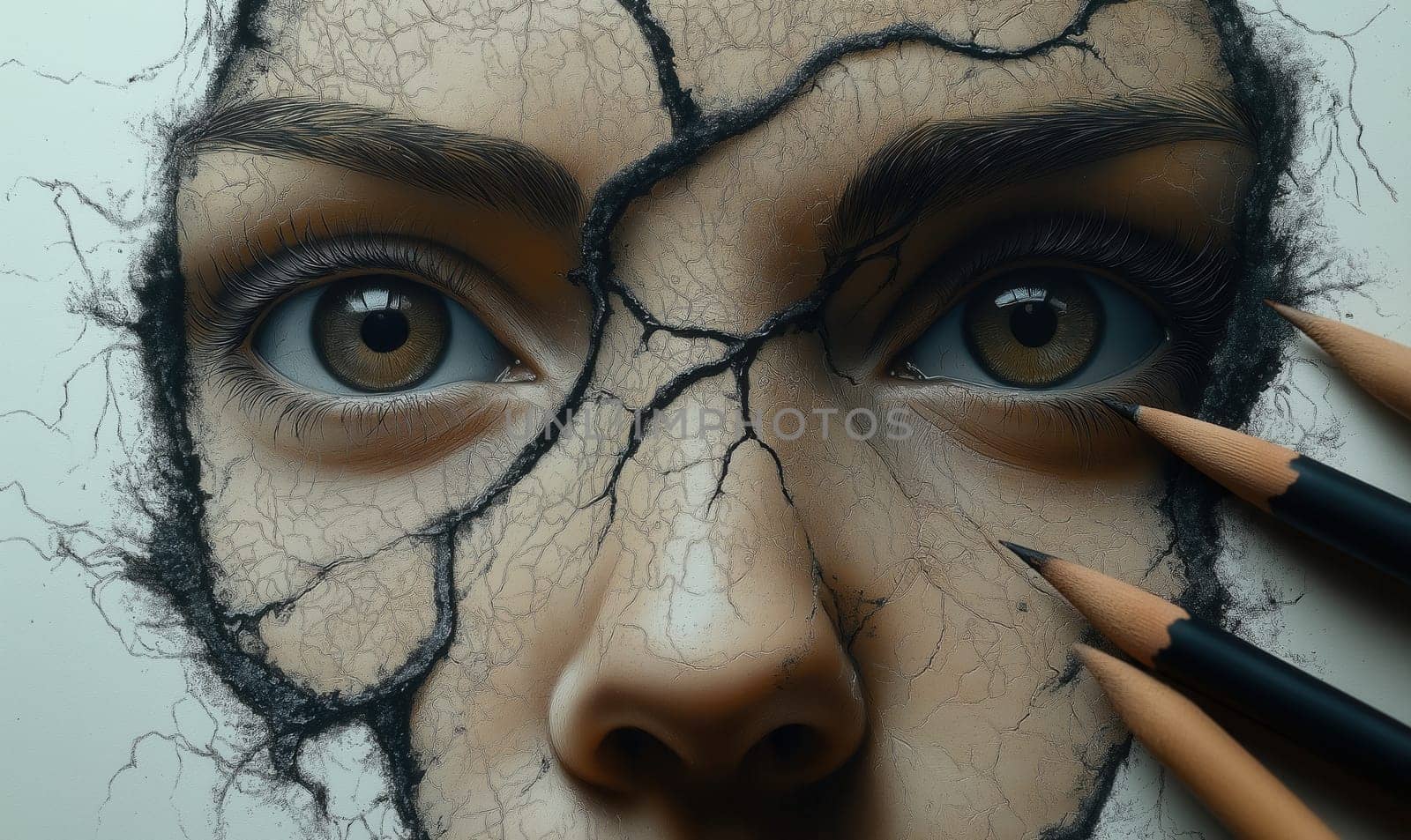 Monochrome portrait with cracked texture of human face. Selective focus.