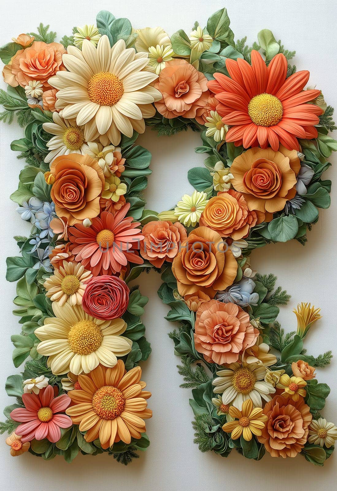 The letter R of colorful flowers on a white background. Selective focus.