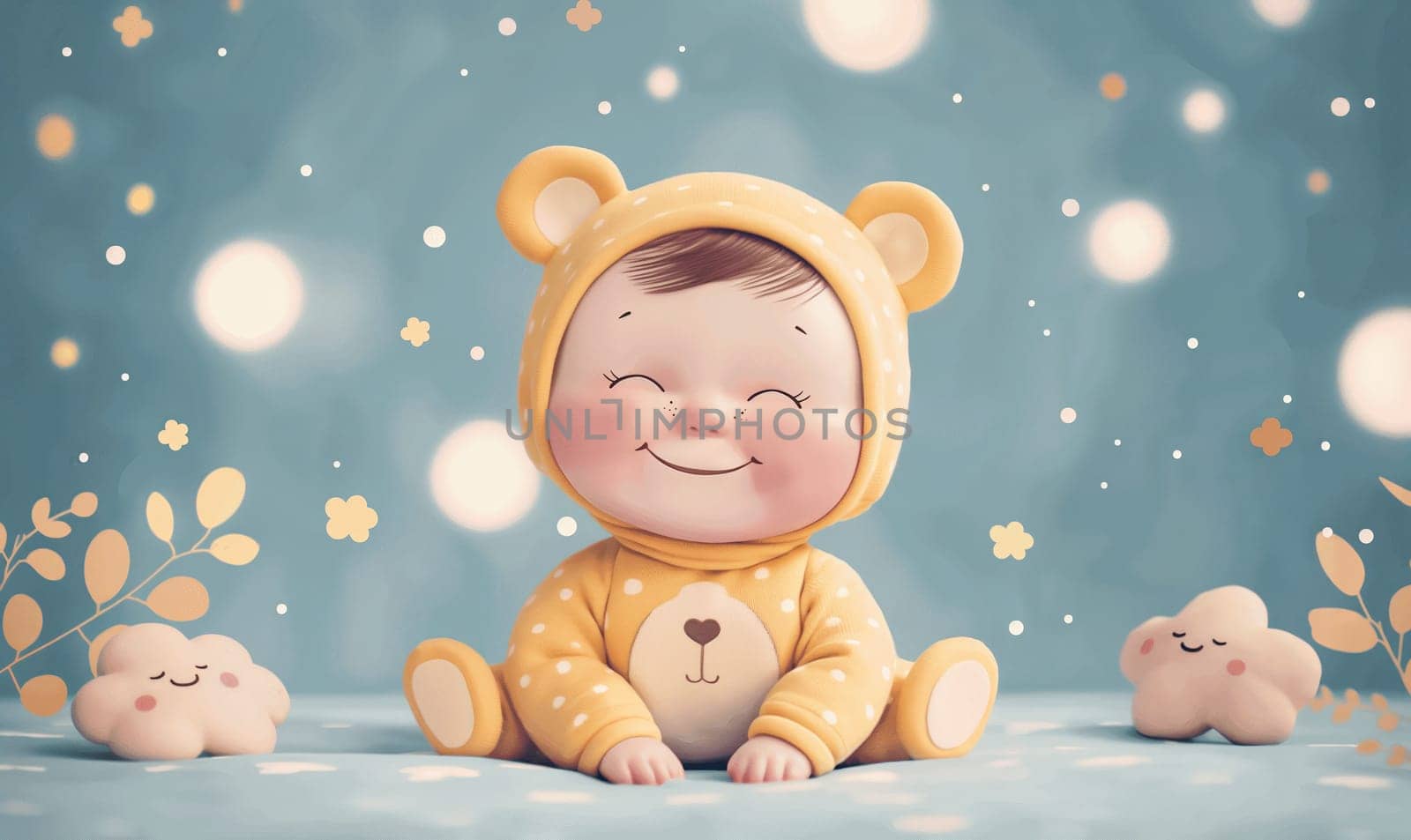 Illustration little child sitting on blurred background. Selective focus.