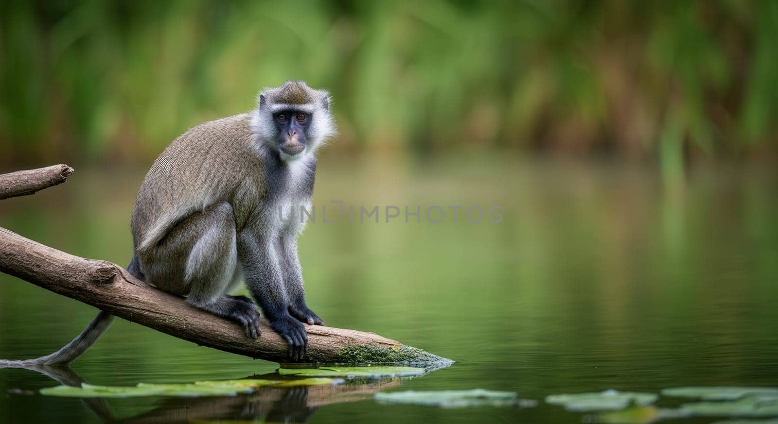 A contemplative monkey, perched on a branch above a calm forest lake, surrounded by lush greenery. the natural setting exudes tranquility and harmony, the beauty of wildlife in its habitat.