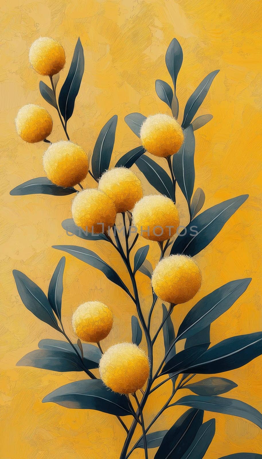 A blooming branch of mimosa on a yellow textured background. Selective focus.