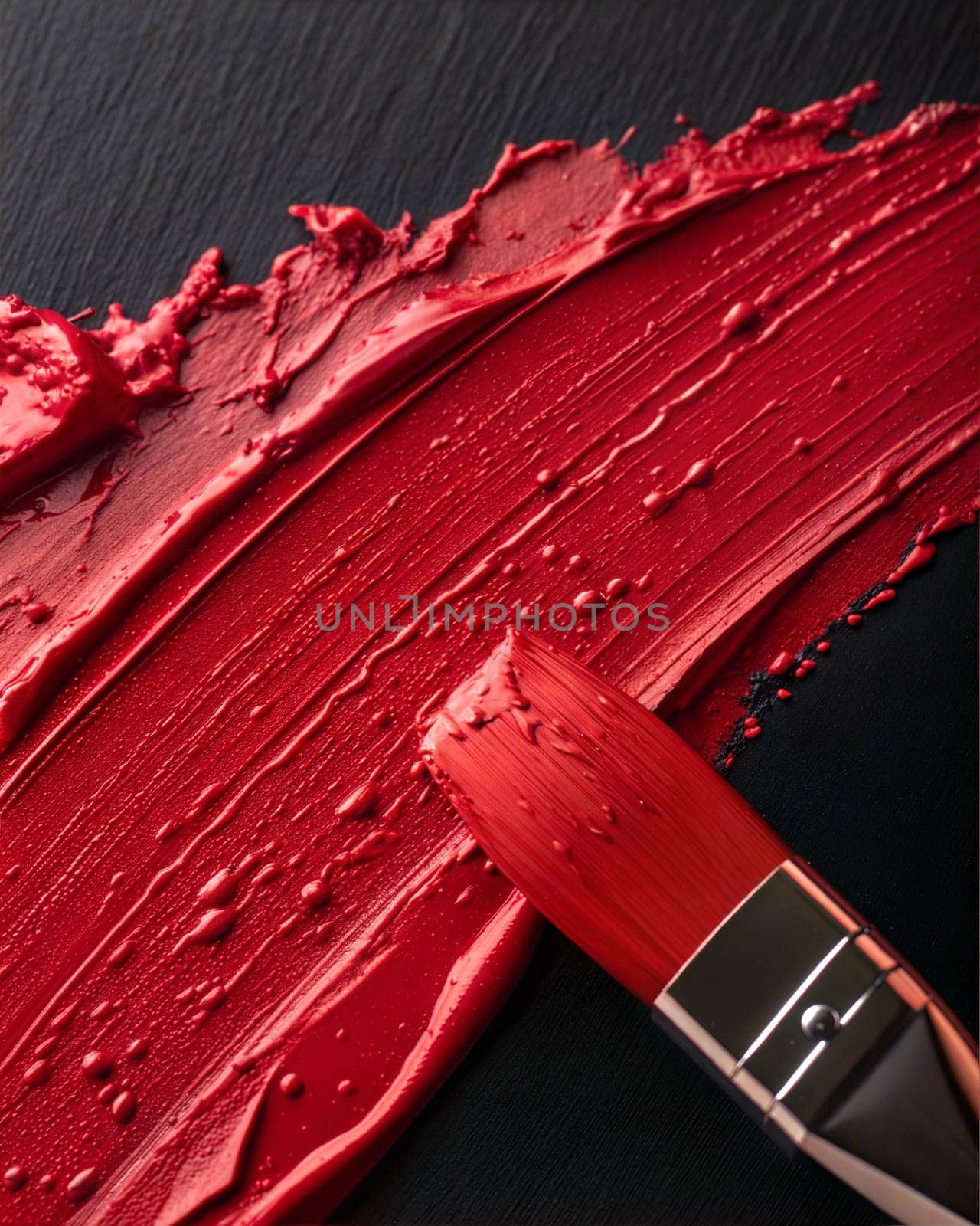 Smear and texture of red lipstick or acrylic paint with paintbrush on black background. Ai generated