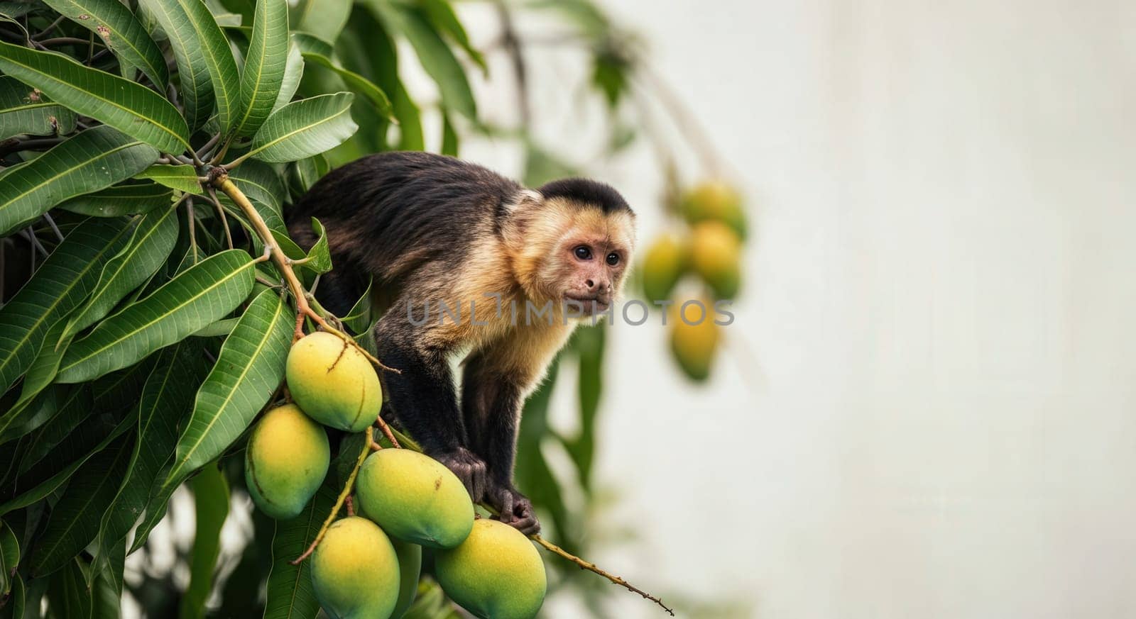 A curious capuchin monkey perches on a mango tree branch surrounded by ripe fruits and green leaves, showcasing the rich biodiversity of tropical environments and the interdependence of wildlife and nature.