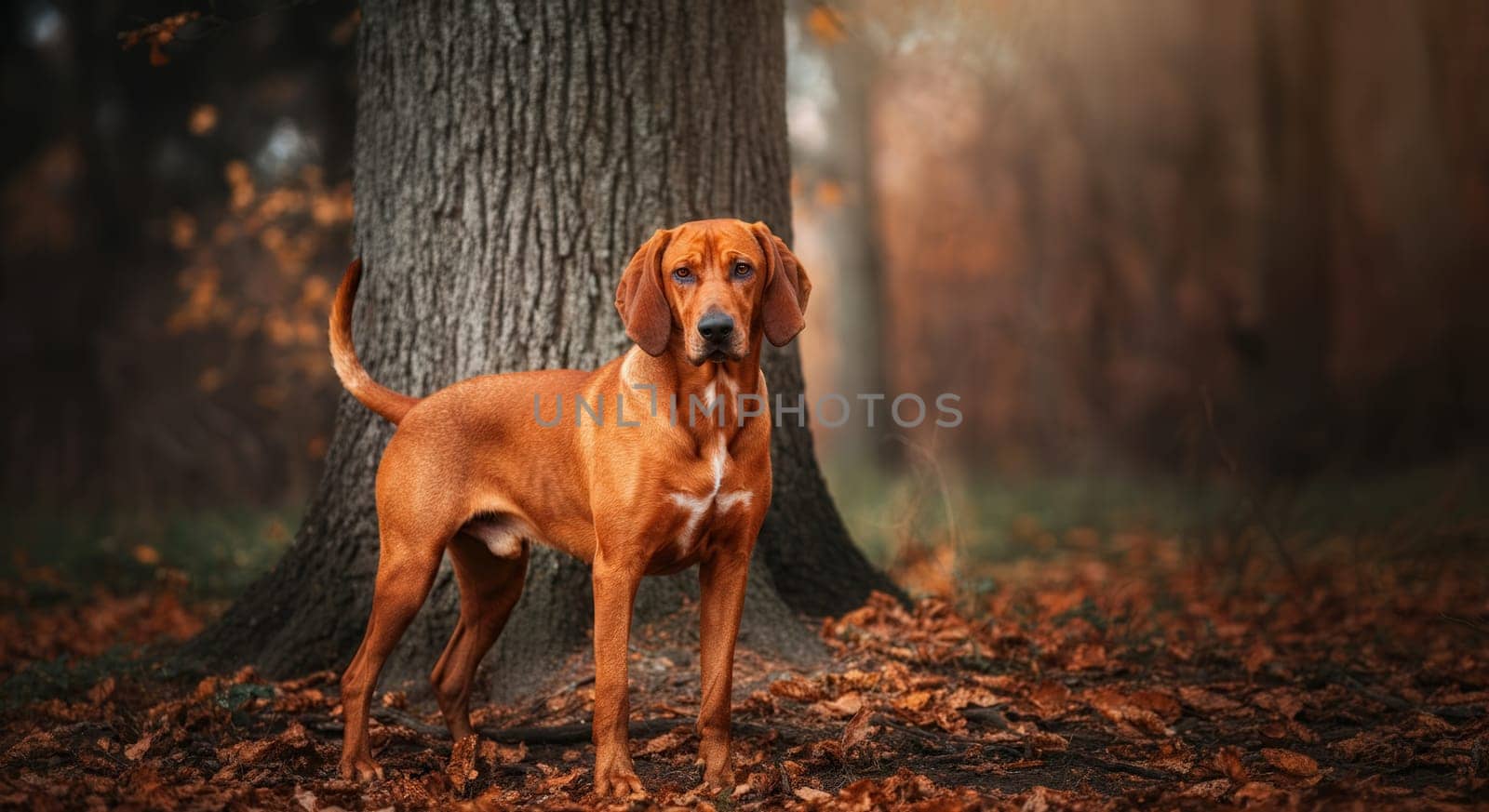 A majestic red hound stands confidently in a serene autumn forest. the dog's attentive posture and the rich browns of the fallen leaves create a harmonious blend with the towering tree trunk and diffused light.