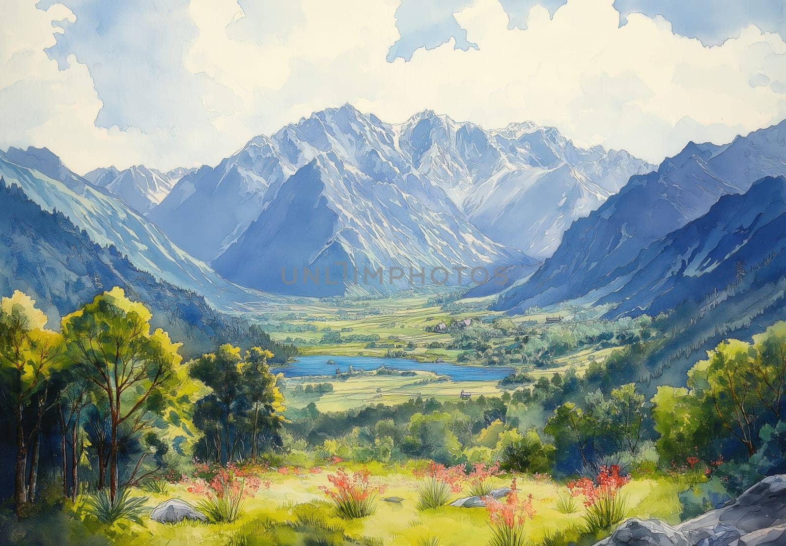 Panoramic view of a majestic valley in the mountains. Selective focus.