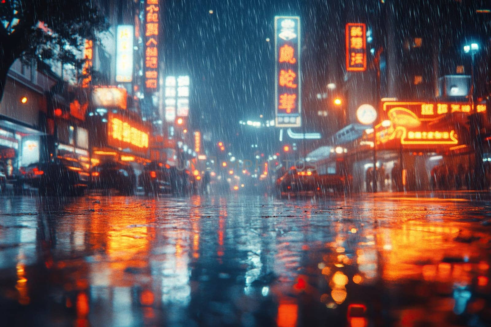 Rainy night in a big Chinese city. The illuminated signs of shops and cafes are reflected in the asphalt. View from the sidewalk.
