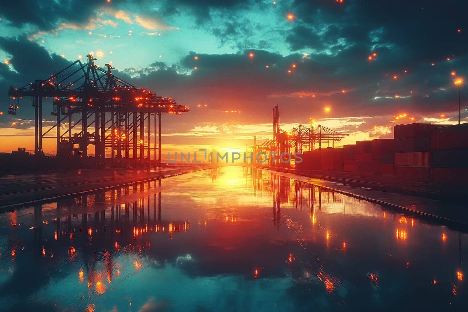 Large seaport for logistics and transportation operations with many cargo containers and cranes at sunrise or sunset.