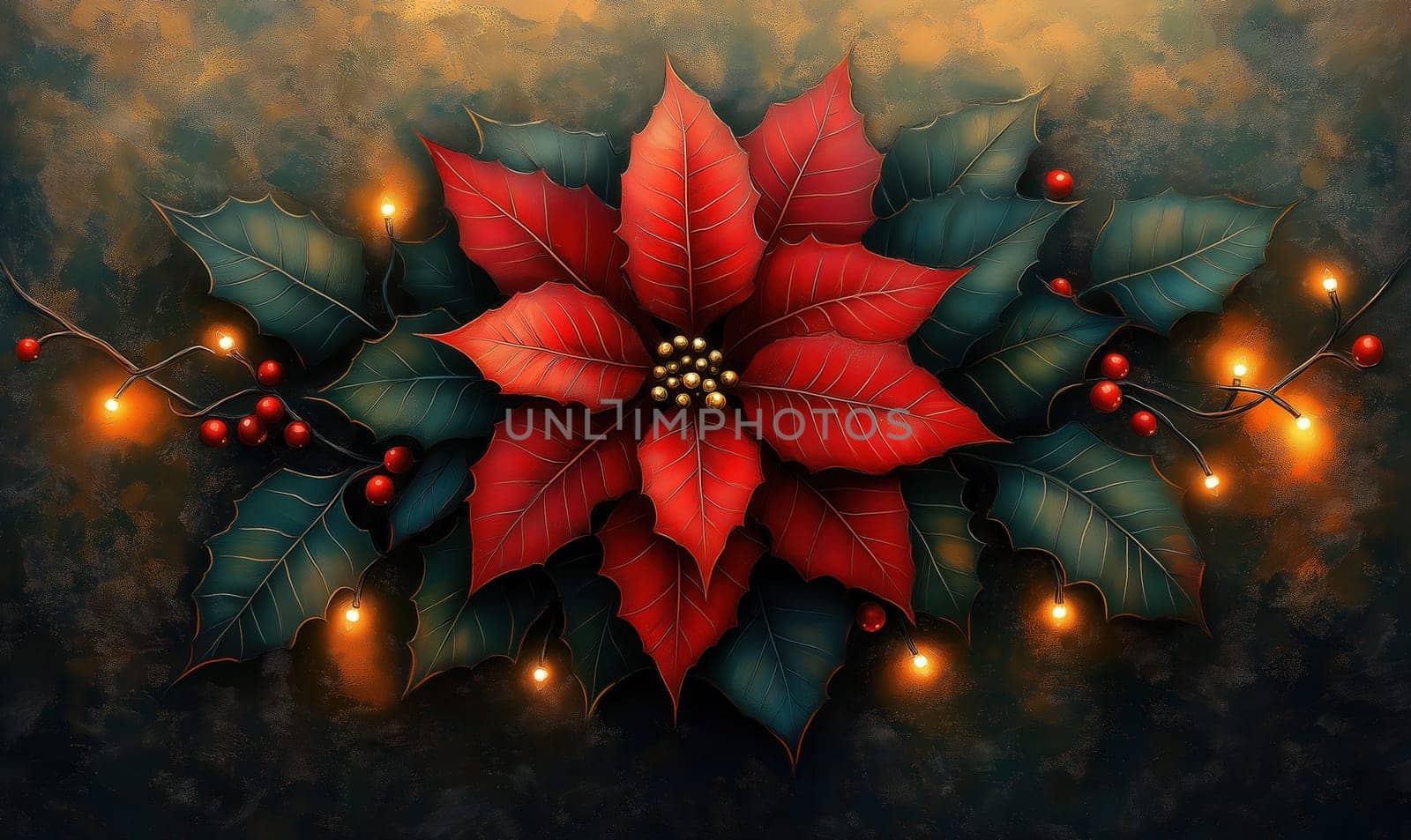 A Christmas card with delicate poinsettia. Selective focus.