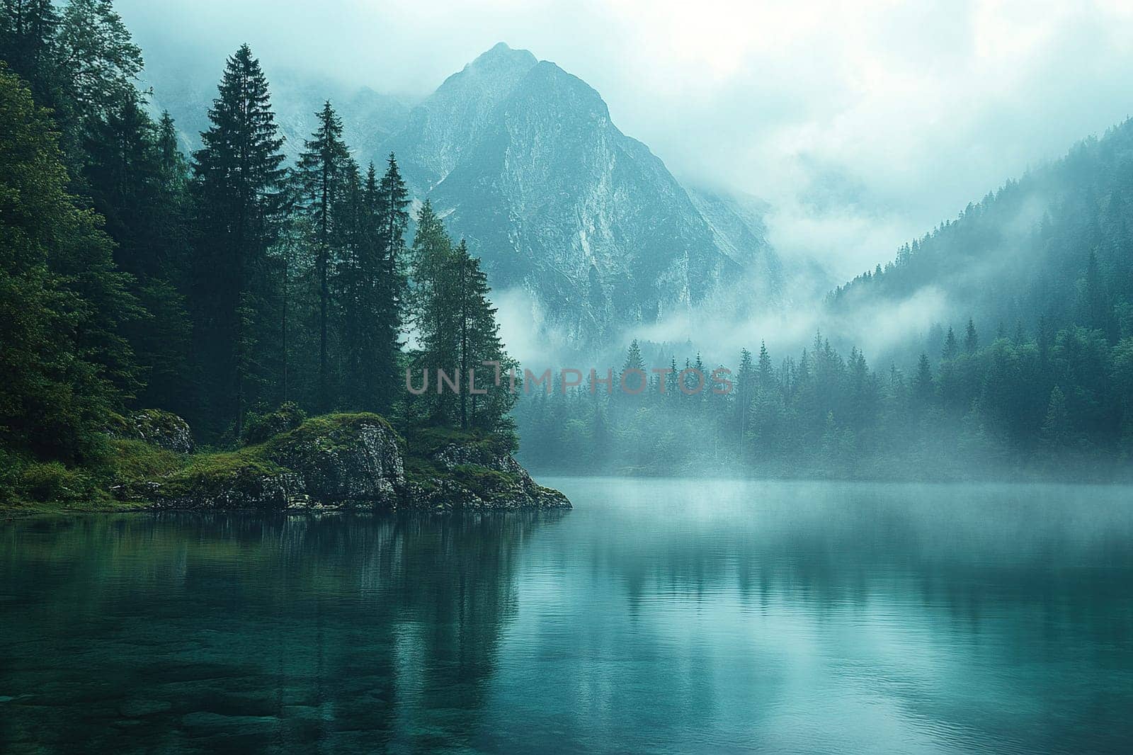 Misty mountain landscape with calm river and pine forest.
