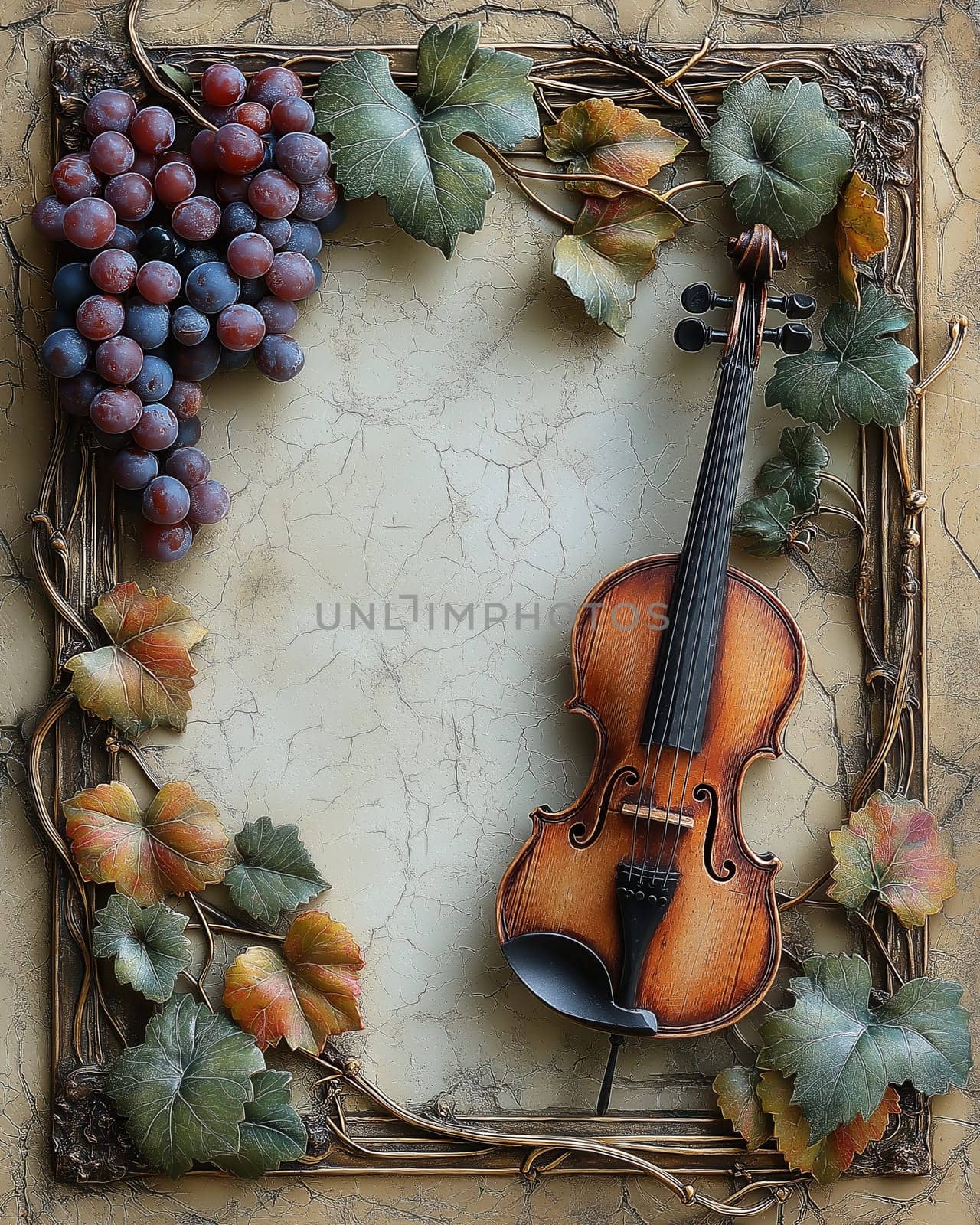 Light background with frame, violin and grapes. Selective focus.