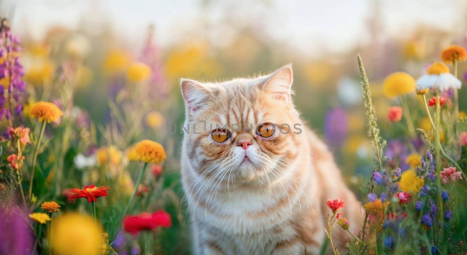 Persian cat with lush fur sits serenely among colorful wildflowers in a sunlit field, evoking tranquility and connection to nature. ideal for designs celebrating pets, nature, or garden themes.