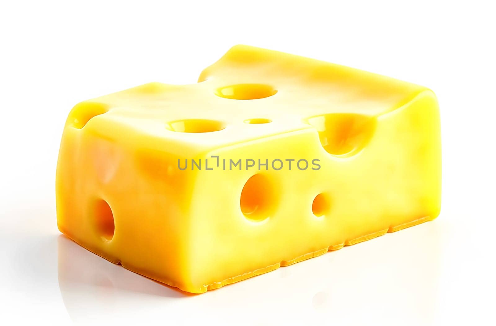 Yellow cheese wedge with distinctive holes placed on a clean white surface highlighting its smooth texture and vibrant hue