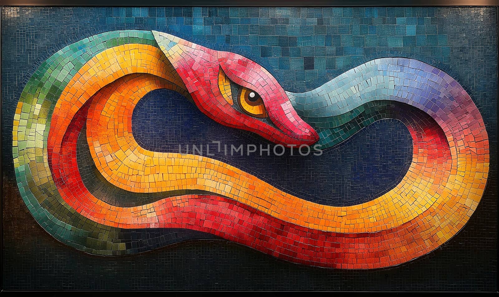 Colorful snake mosaic with intricate tile work. Selective focus.