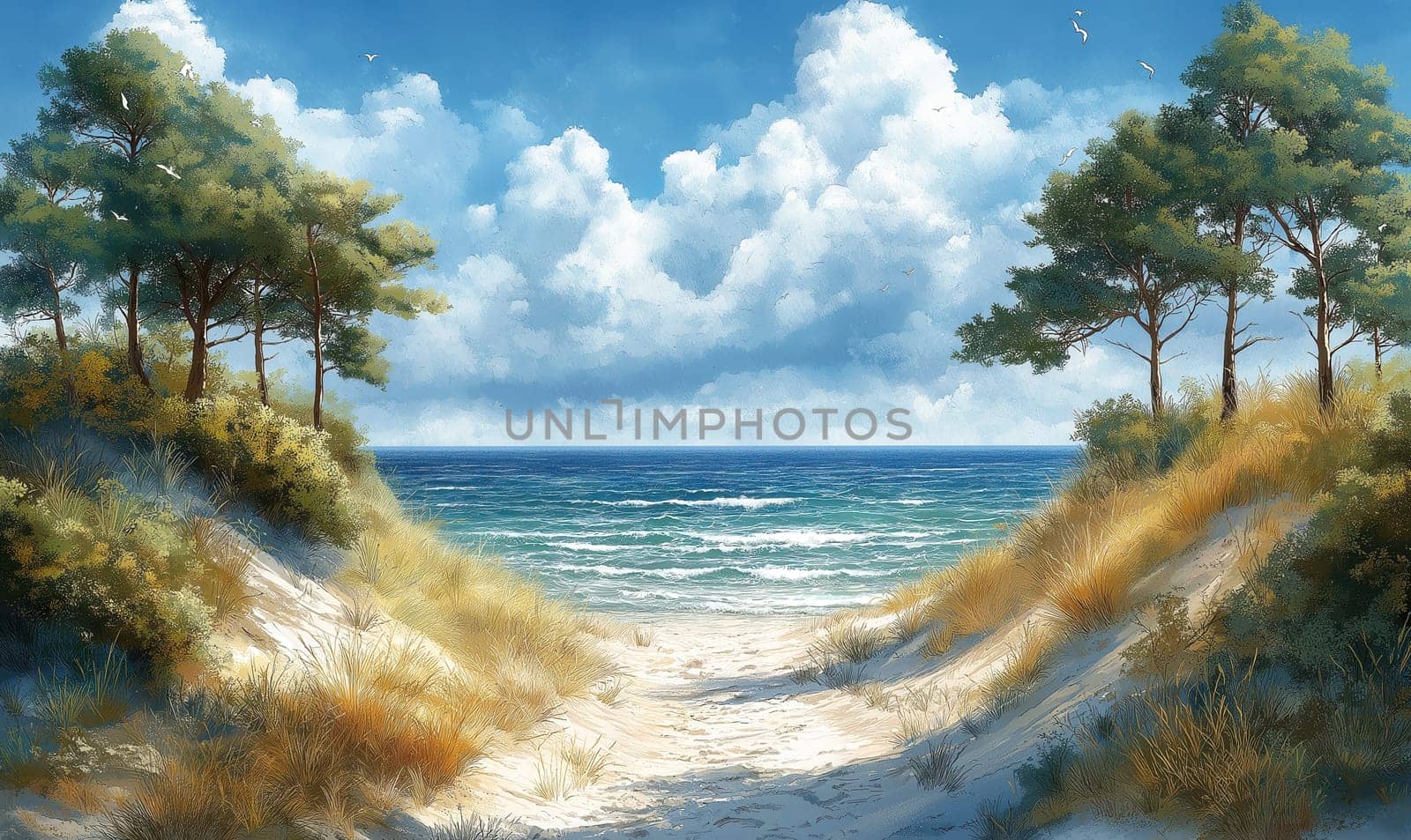 Watercolor, path leading to the beach. Selective focus.