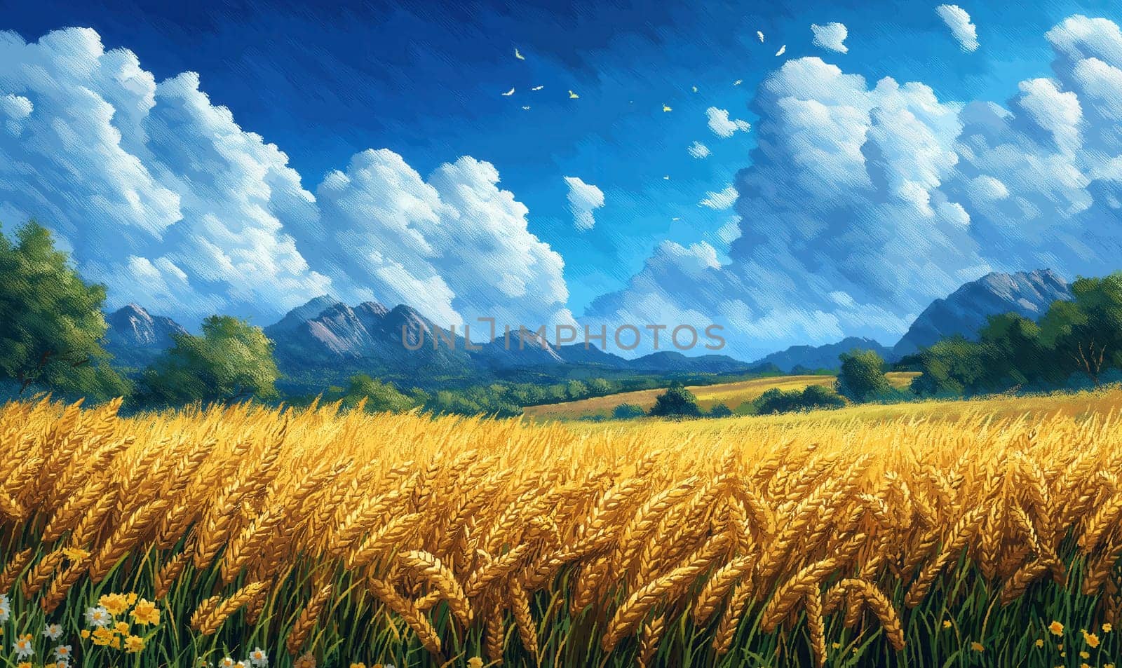 Illustration of a ripe wheat harvest in summer. Selective focus.