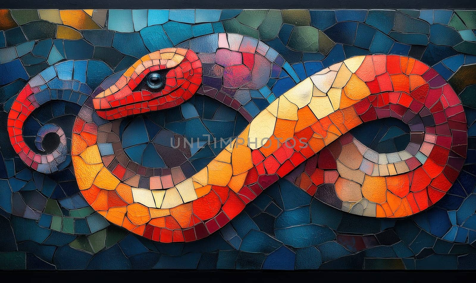 Colorful snake mosaic with intricate tile work. Selective focus.