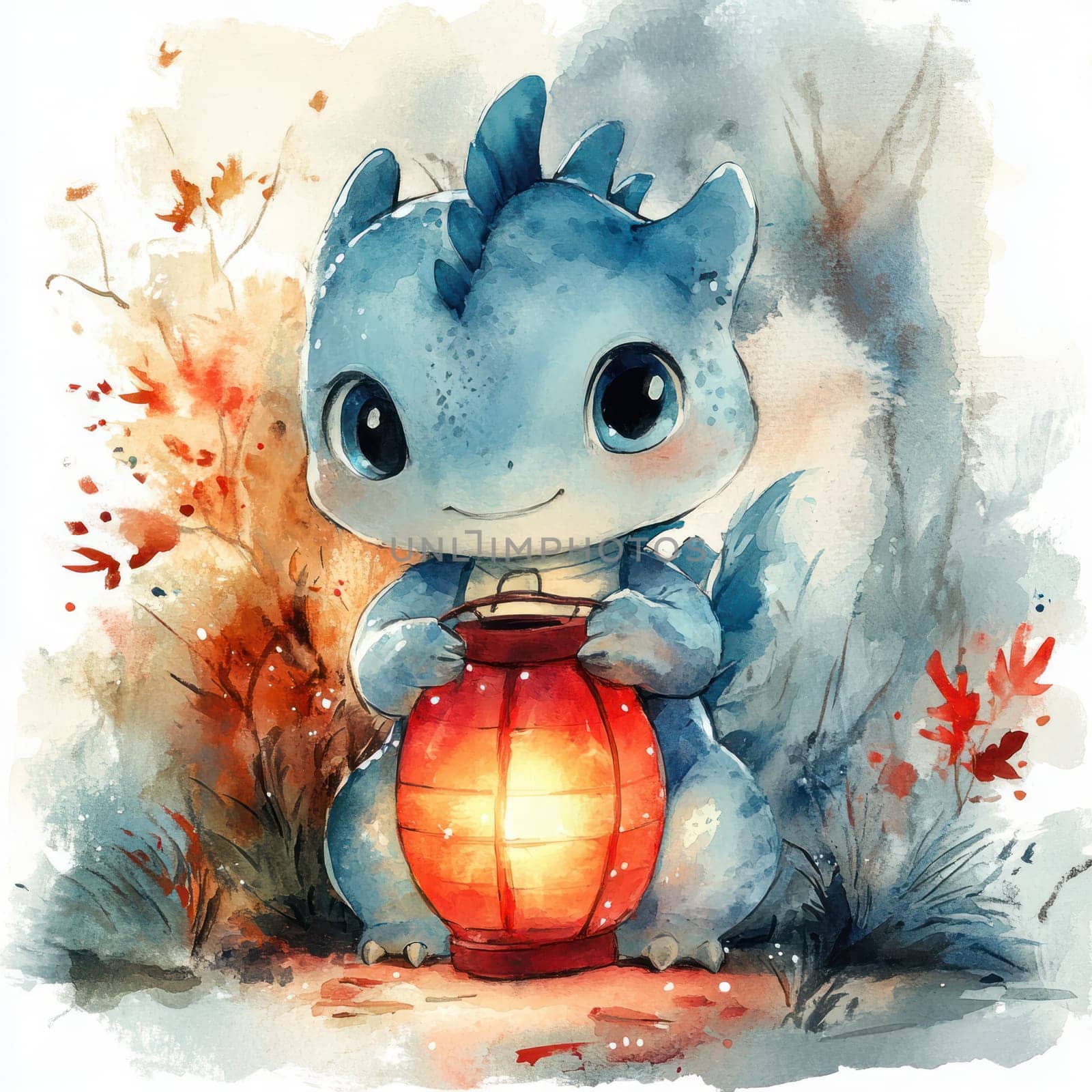 cute dragon character holding lantern in whimsical forest setting, surrounded by colorful foliage. charming watercolor style adds magical touch to scene.