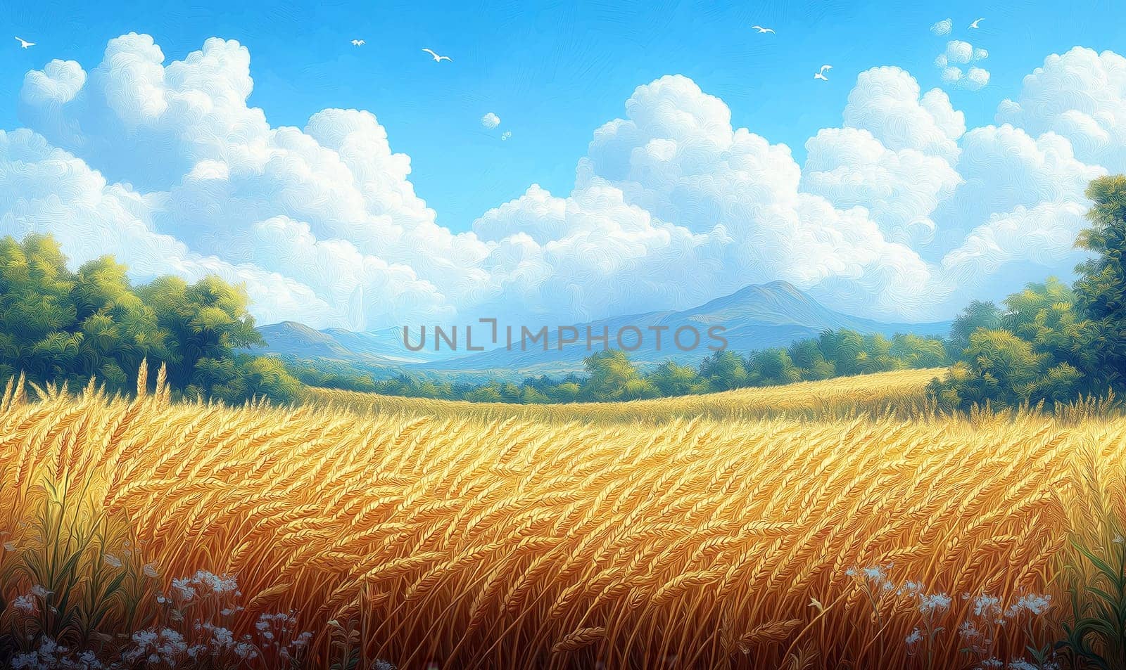 Illustration of a ripe wheat harvest in summer. Selective focus.