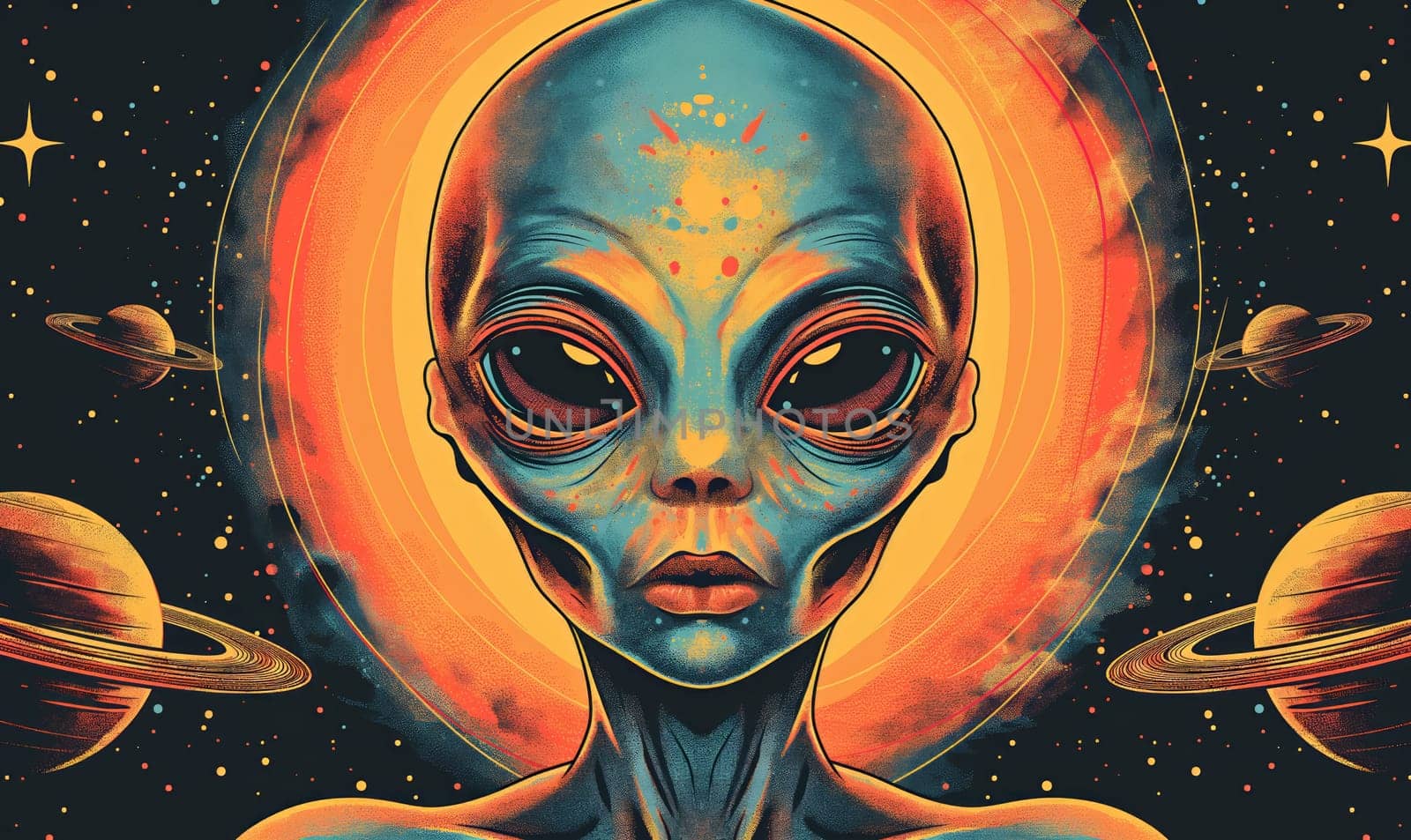 Illustration of an alien with big eyes on an abstract background. Selective focus.