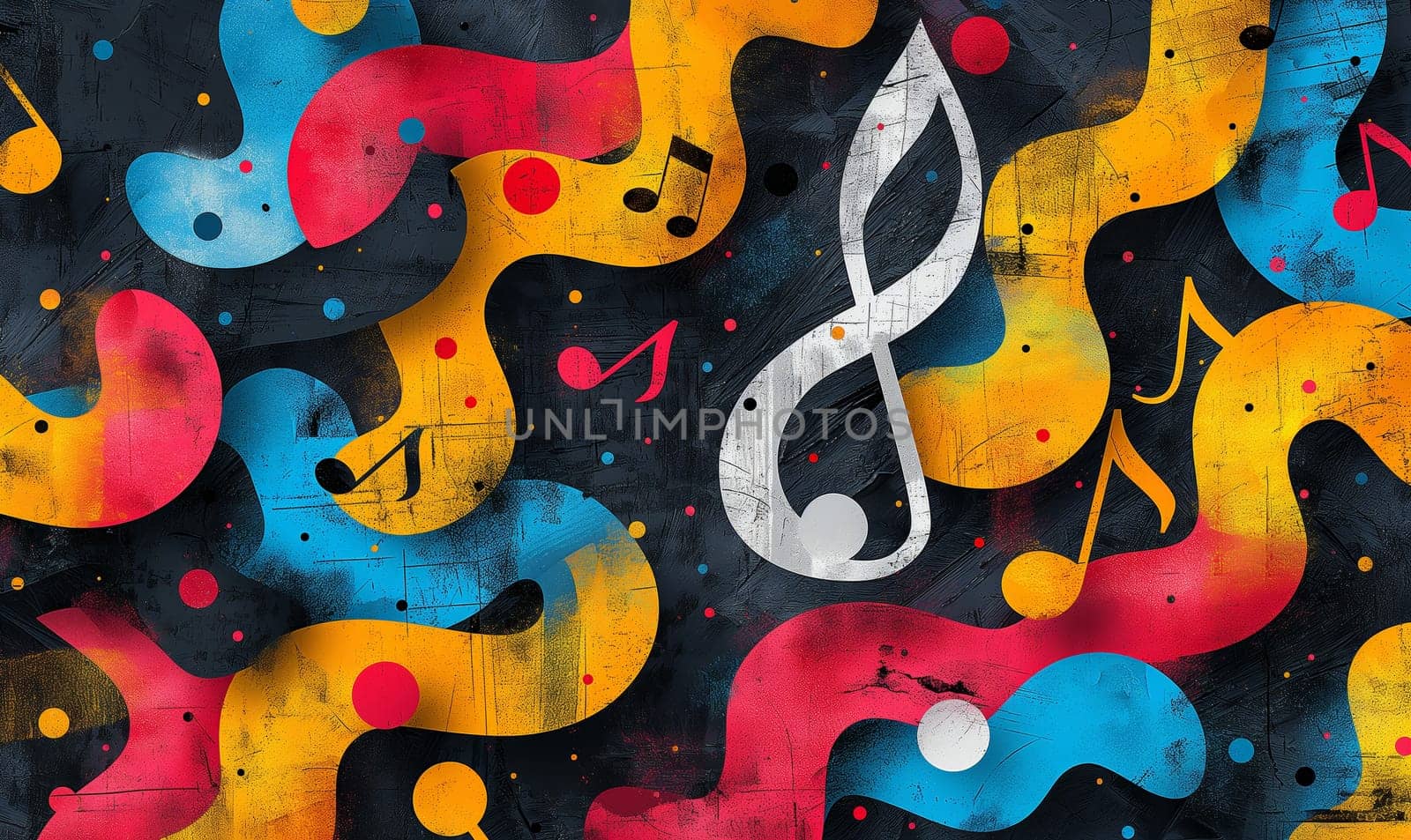 Abstract colorful musical background with notes. Selective focus.