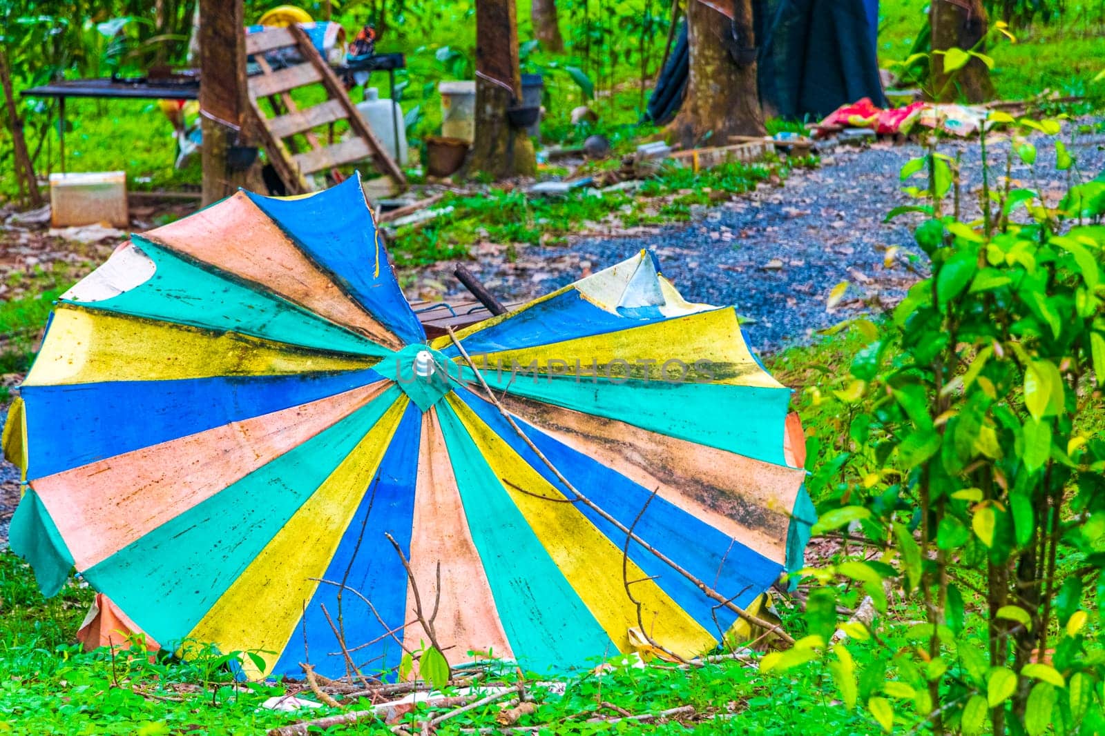 Old dirty broken parasol in Sakhu Thalang on Phuket island Thailand in Southeastasia Asia.