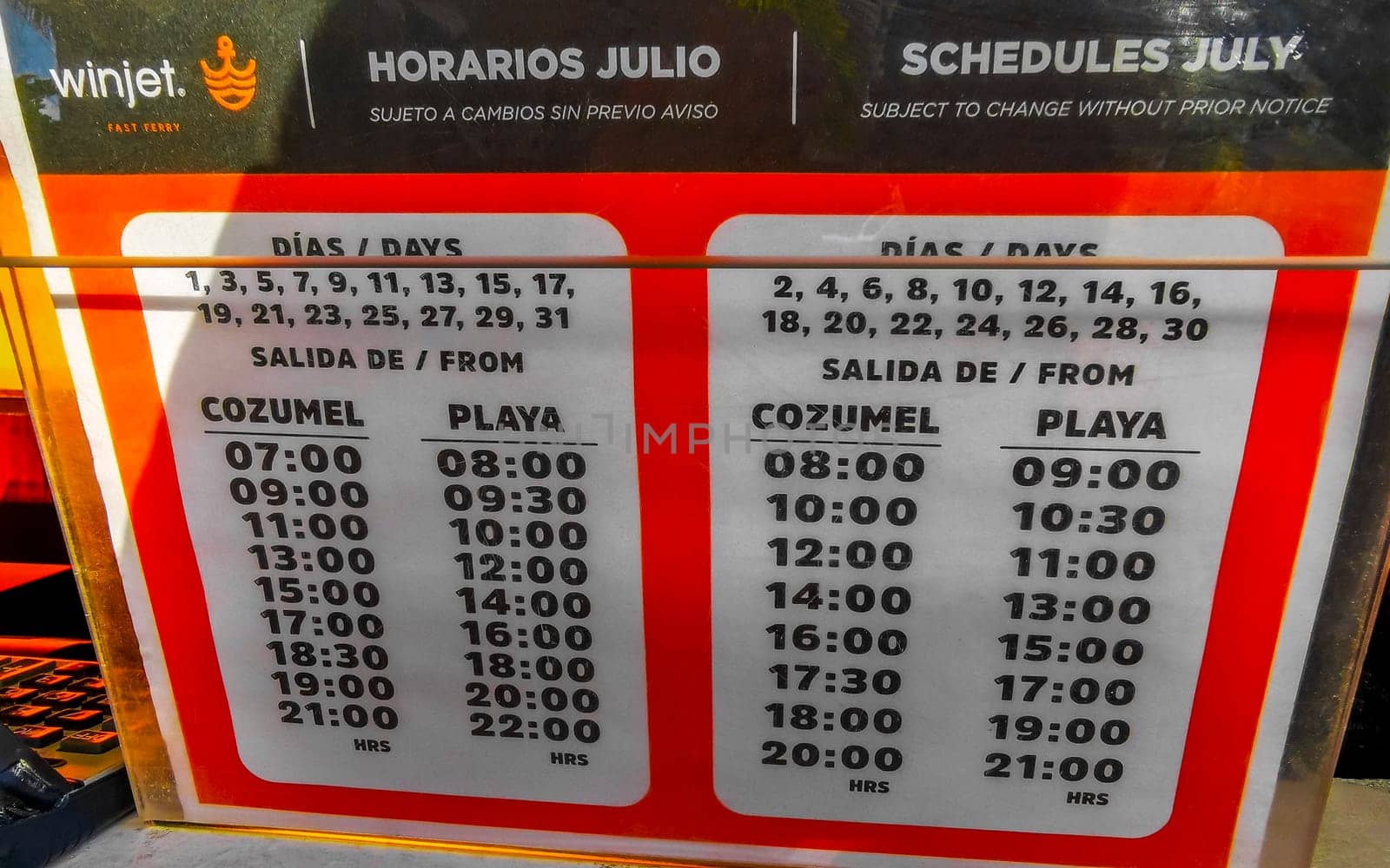 Ferry boat time table timetable schedules in Playa del Carmen Quintana Roo Mexico.